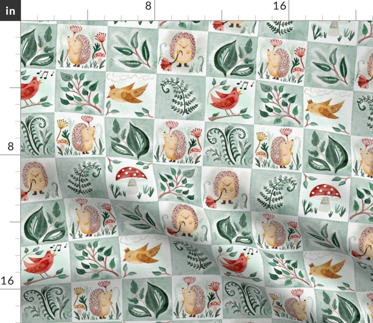 Sage Quilt Topper Hedgehog Whimsical Woodland Forest Animals Wholecloth Green Cheater Quilt Patchwork Custom Printed Fabric by Spoonflower Various Fabrics by the Yard or Fat Quarter